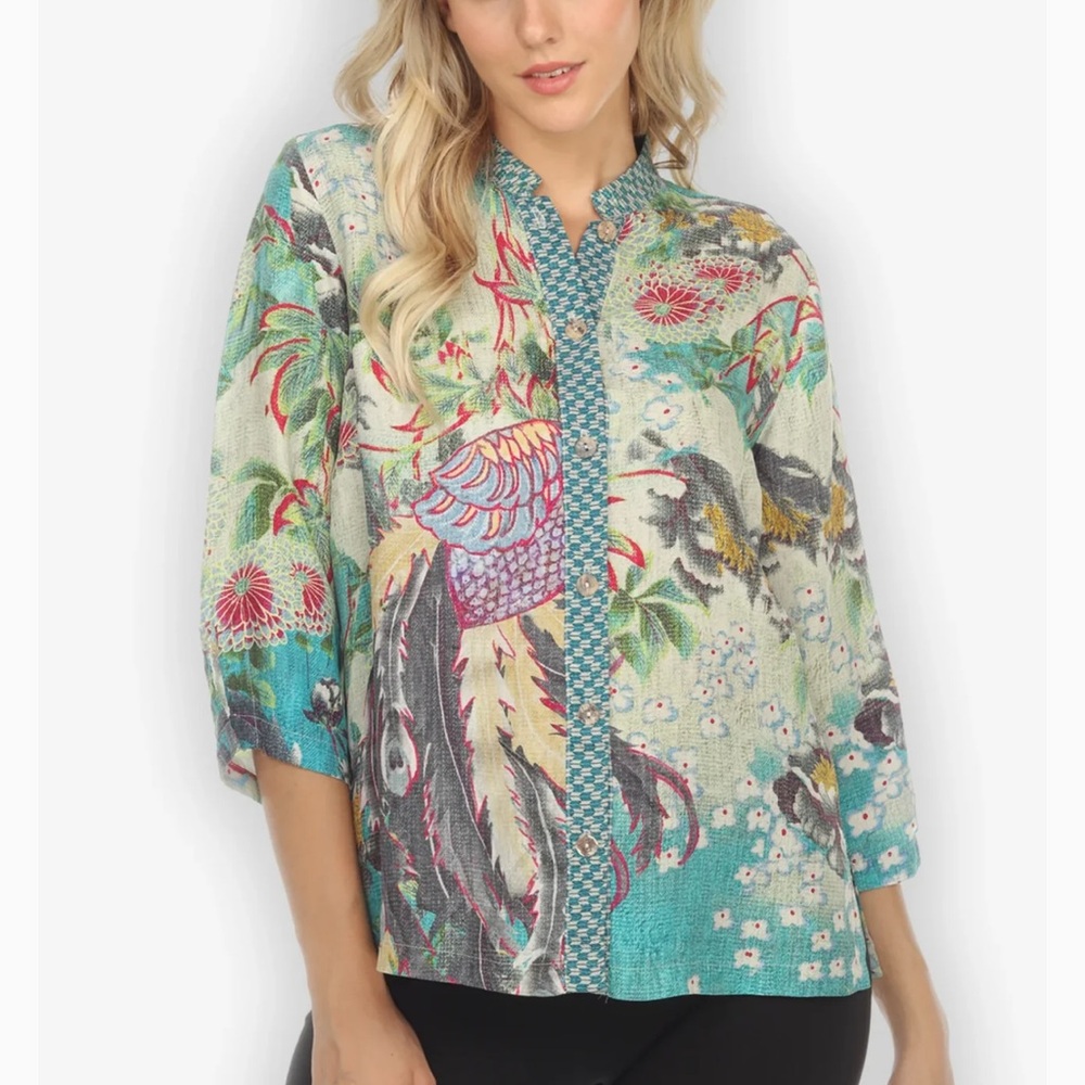 Citron peacock in the forest silk blouse